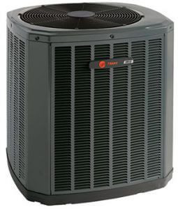 Outdoor Trane air conditioner condenser unit with top fan and metal grille for ventilation.